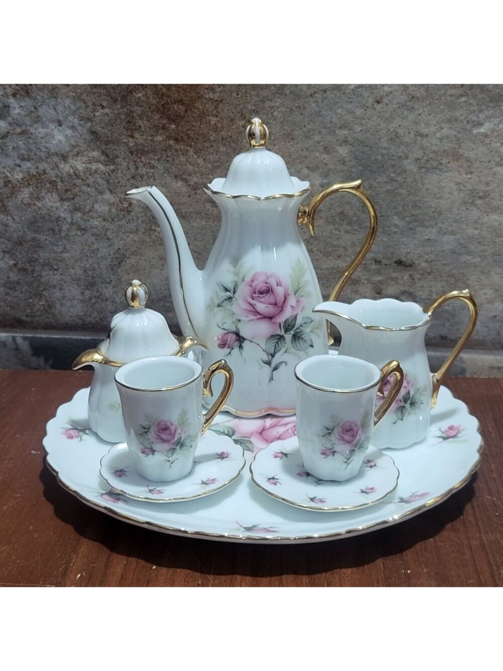 VTG Ganz Miniature Porcelain Tea Set Pink Roses Gold Trim Coffee Pot Creamer Tra